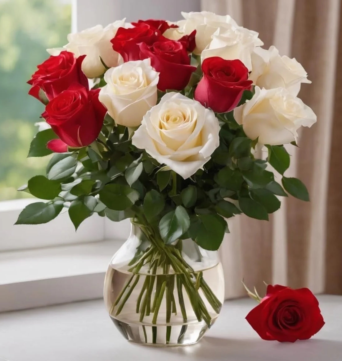 Bouquet of red and white roses in a clear vase on a light surface with a blurred background.