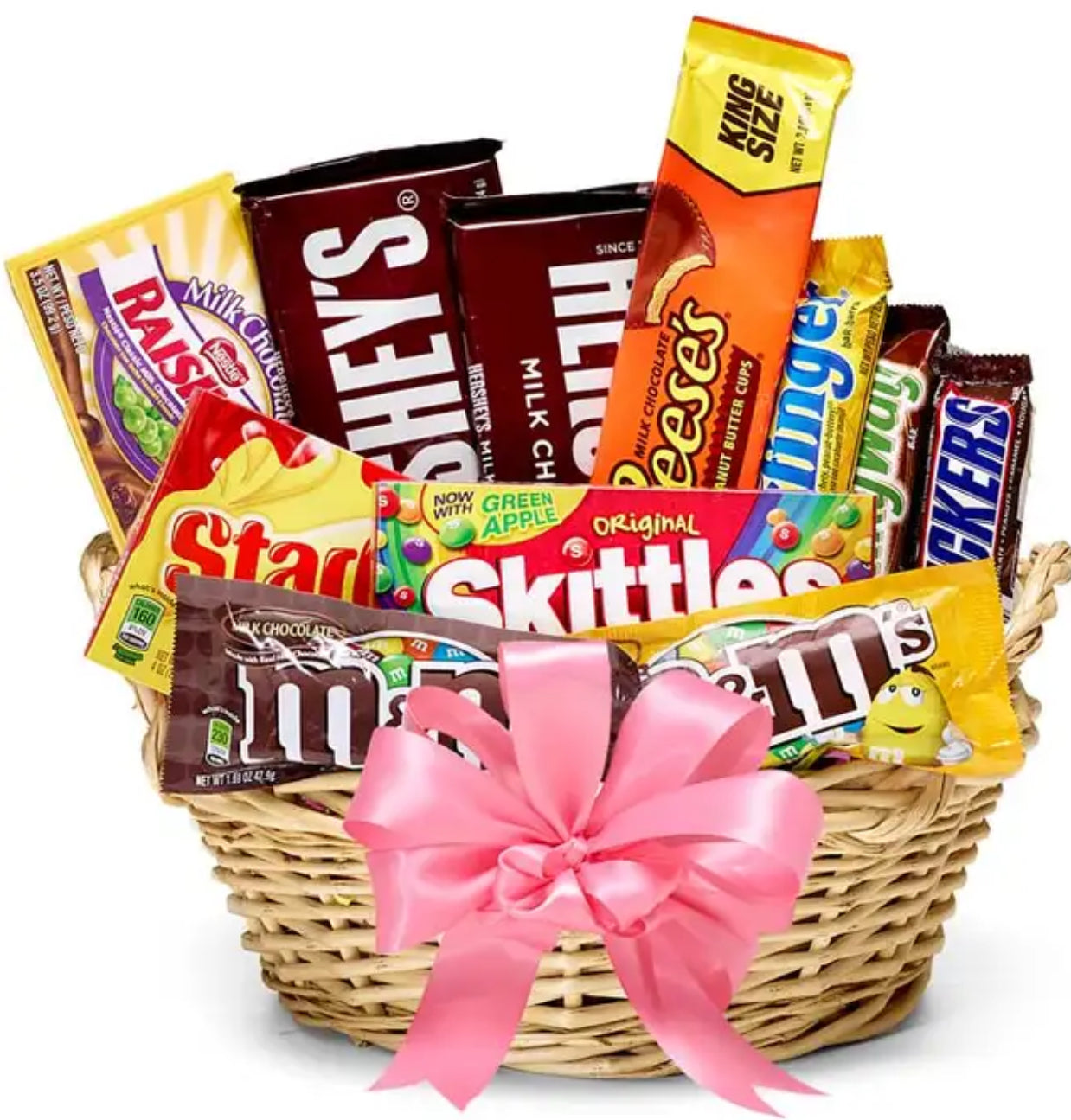 Elegant gourmet gift basket filled with chocolates, candies, and a teddy bear, beautifully wrapped for a special occasion.