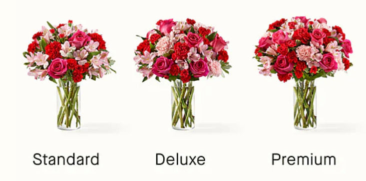 Three flower bouquets labeled 'Standard', 'Deluxe', and 'Premium' on a white background.