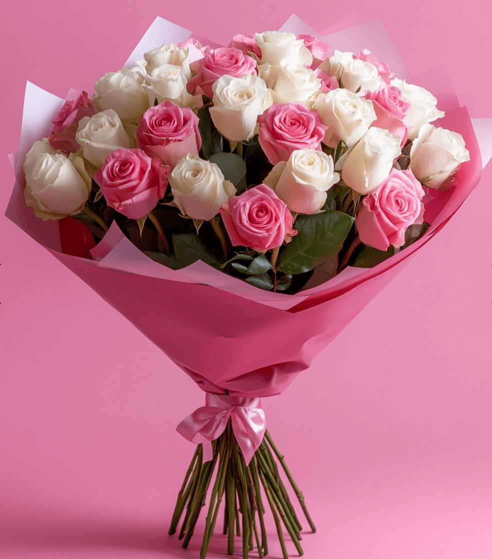 Soft pink and white rose bouquet wrapped in pastel paper with satin ribbon – Cotton Candy Bouquet by 1800 Blooms Bronx NY