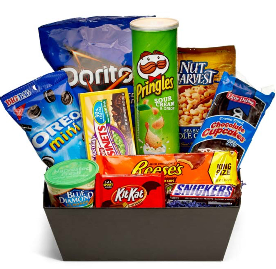 Assorted snack box with popular brands including Doritos, Pringles, and Snickers.