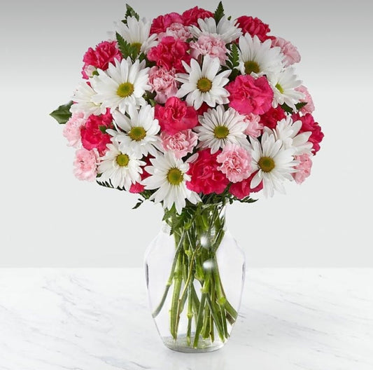 Charming pink bouquet with roses, daisies, and carnations – Pink Surprise Bouquet by 1800 Blooms Bronx NY